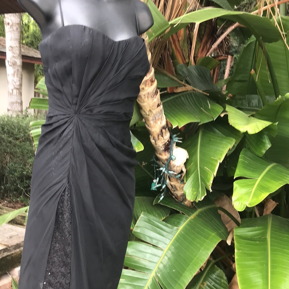 strapless silk gown with front slit